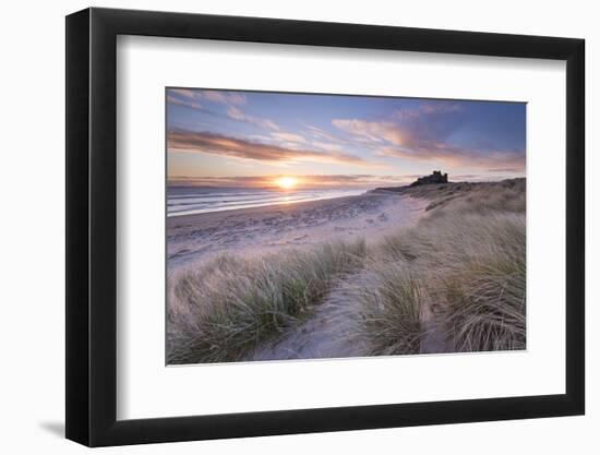 Sunrise over Bamburgh Beach and Castle from the Sand Dunes, Northumberland, England. Spring (March)-Adam Burton-Framed Photographic Print