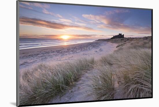 Sunrise over Bamburgh Beach and Castle from the Sand Dunes, Northumberland, England. Spring (March)-Adam Burton-Mounted Photographic Print