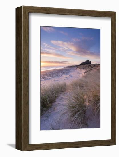 Sunrise over Bamburgh Beach and Castle from the Sand Dunes, Northumberland, England. Spring (March)-Adam Burton-Framed Photographic Print