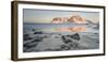 Sunrise over Flakstad and Skagsanden beach. The coast near Flakstad, island Flakstadoya. The Lofote-Martin Zwick-Framed Photographic Print