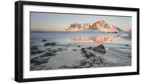 Sunrise over Flakstad and Skagsanden beach. The coast near Flakstad, island Flakstadoya. The Lofote-Martin Zwick-Framed Photographic Print