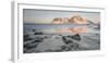 Sunrise over Flakstad and Skagsanden beach. The coast near Flakstad, island Flakstadoya. The Lofote-Martin Zwick-Framed Photographic Print