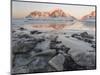 Sunrise over Flakstad and Skagsanden beach. The coast near Flakstad, island Flakstadoya. The Lofote-Martin Zwick-Mounted Photographic Print