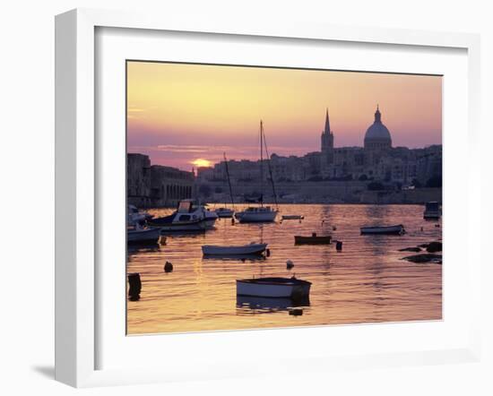 Sunrise over Msida Creek to Valletta with Dome of Carmelite Church, Valletta, Malta, Mediterranean,-Stuart Black-Framed Photographic Print