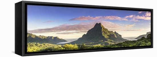 Sunrise over Mt Rotui, Opunohu Bay and Cook's Bay, Moorea, French Polynesia-Matteo Colombo-Framed Stretched Canvas