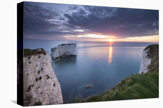 Sunrise over Old Harry Rocks, Jurassic Coast, Dorset, England. Spring-Adam Burton-Stretched Canvas