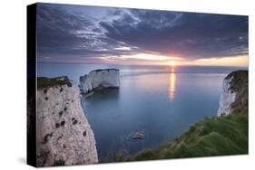 Sunrise over Old Harry Rocks, Jurassic Coast, Dorset, England. Spring-Adam Burton-Stretched Canvas