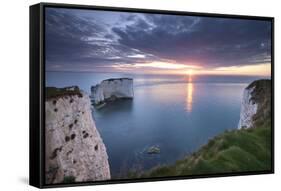 Sunrise over Old Harry Rocks, Jurassic Coast, Dorset, England. Spring-Adam Burton-Framed Stretched Canvas