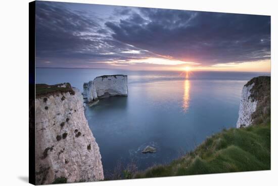 Sunrise over Old Harry Rocks, Jurassic Coast, Dorset, England. Spring-Adam Burton-Stretched Canvas