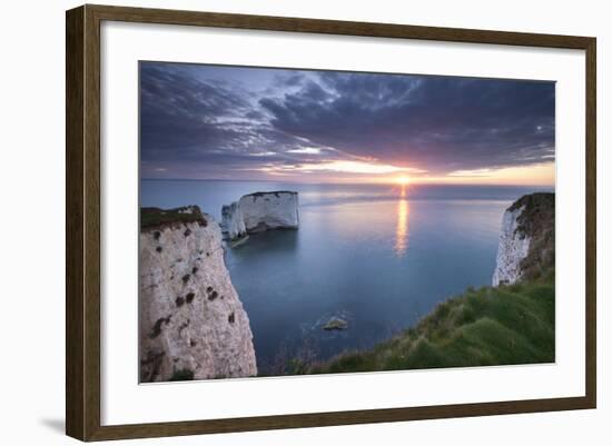 Sunrise over Old Harry Rocks, Jurassic Coast, Dorset, England. Spring-Adam Burton-Framed Photographic Print