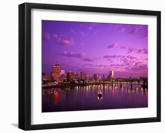 Sunrise over Spirit of Portland Ship, Willamette River, Portland, Oregon, USA-Janis Miglavs-Framed Premium Photographic Print