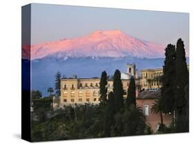 Sunrise over Taormina and Mount Etna with Hotel San Domenico Palace, Taormina, Sicily, Italy, Europ-Stuart Black-Stretched Canvas