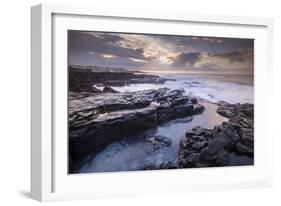 Sunrise over the dramatic rocky coastline of Porthcawl in winter, South Wales-Adam Burton-Framed Photographic Print