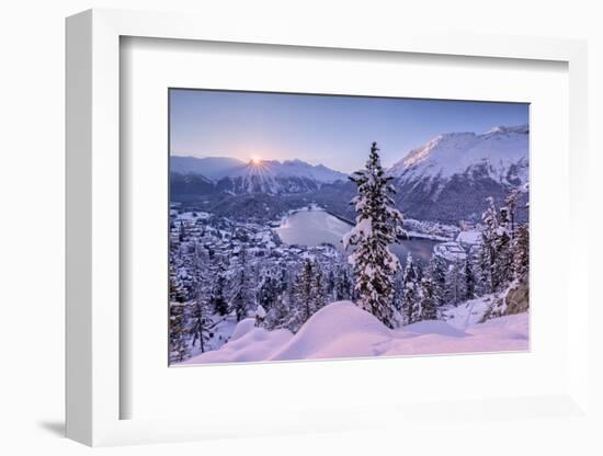 Sunrise over village and Lake of St. Moritz covered with snow, Engadine, Switzerland-Roberto Moiola-Framed Photographic Print