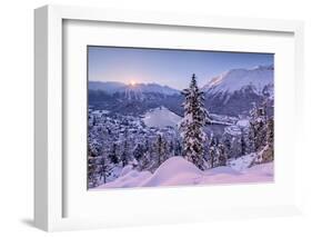 Sunrise over village and Lake of St. Moritz covered with snow, Engadine, Switzerland-Roberto Moiola-Framed Photographic Print