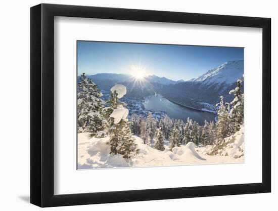 Sunrise over village and Lake of St. Moritz covered with snow, Engadine, Switzerland-Roberto Moiola-Framed Photographic Print