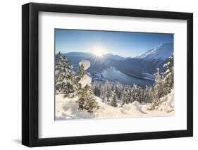 Sunrise over village and Lake of St. Moritz covered with snow, Engadine, Switzerland-Roberto Moiola-Framed Photographic Print