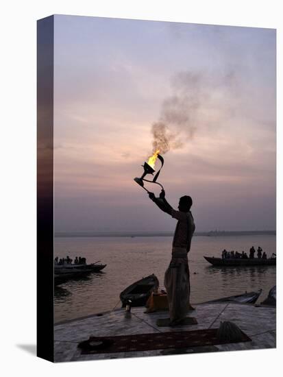 Sunrise Ritual at the River Ganges, Varanasi (Benares), Uttar Pradesh, India, Asia-Jochen Schlenker-Stretched Canvas