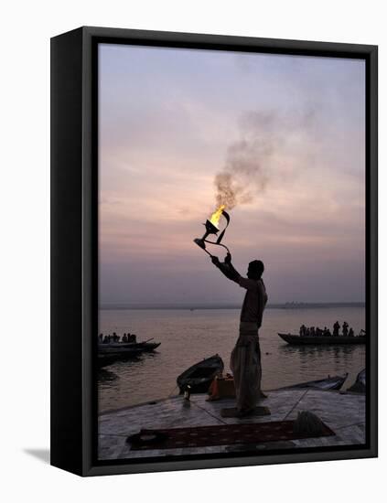 Sunrise Ritual at the River Ganges, Varanasi (Benares), Uttar Pradesh, India, Asia-Jochen Schlenker-Framed Stretched Canvas