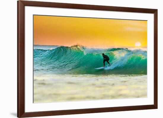 Sunrise Surfing Breeaking Wave-null-Framed Premium Giclee Print