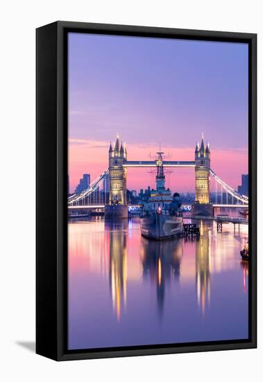 Sunrise view of HMS Belfast and Tower Bridge reflected in River Thames-Ed Hasler-Framed Stretched Canvas