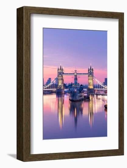 Sunrise view of HMS Belfast and Tower Bridge reflected in River Thames-Ed Hasler-Framed Photographic Print