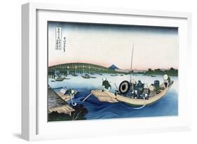 Sunset across Ryogoku Bridge from the Bank of the Sumida River at Onmayyagashi-Katsushika Hokusai-Framed Art Print