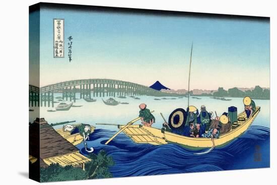 Sunset Across the Ryogoku Bridge from the Bank of the Sumida River at Onmagayashi in Edo, c.1830-Katsushika Hokusai-Stretched Canvas