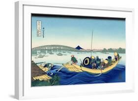 Sunset Across the Ryogoku Bridge from the Bank of the Sumida River at Onmagayashi in Edo, c.1830-Katsushika Hokusai-Framed Giclee Print