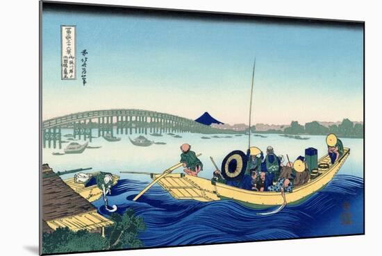 Sunset Across the Ryogoku Bridge from the Bank of the Sumida River at Onmagayashi in Edo, c.1830-Katsushika Hokusai-Mounted Giclee Print