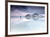 Sunset and Hiker on Skagsanden Beach Surrounded by Snow Covered Mountains-Roberto Moiola-Framed Photographic Print