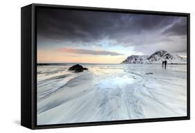 Sunset and Hikers on Skagsanden Beach Surrounded by Snow Covered Mountains-Roberto Moiola-Framed Stretched Canvas