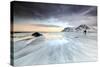 Sunset and Hikers on Skagsanden Beach Surrounded by Snow Covered Mountains-Roberto Moiola-Stretched Canvas