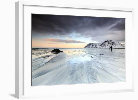 Sunset and Hikers on Skagsanden Beach Surrounded by Snow Covered Mountains-Roberto Moiola-Framed Photographic Print