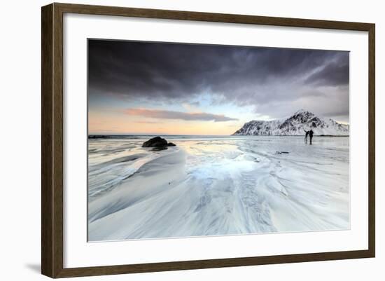 Sunset and Hikers on Skagsanden Beach Surrounded by Snow Covered Mountains-Roberto Moiola-Framed Photographic Print