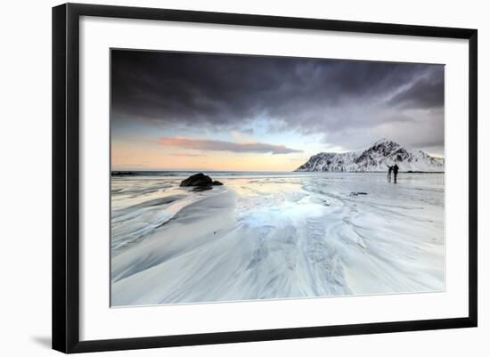 Sunset and Hikers on Skagsanden Beach Surrounded by Snow Covered Mountains-Roberto Moiola-Framed Photographic Print