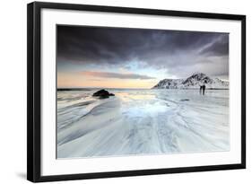 Sunset and Hikers on Skagsanden Beach Surrounded by Snow Covered Mountains-Roberto Moiola-Framed Photographic Print