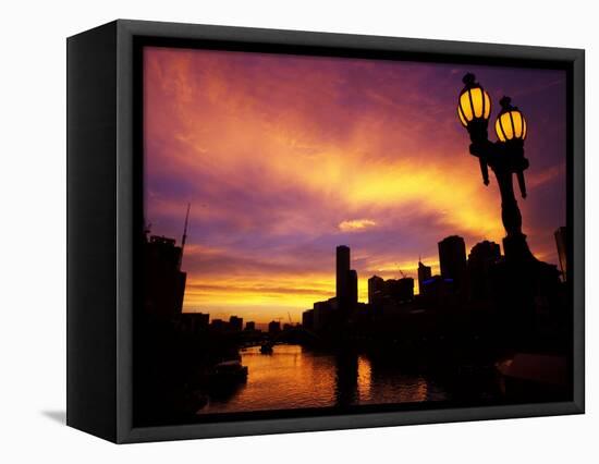 Sunset and Lamp, Rialto Towers and Yarra River, Melbourne, Victoria, Australia-David Wall-Framed Stretched Canvas