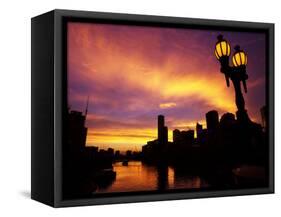 Sunset and Lamp, Rialto Towers and Yarra River, Melbourne, Victoria, Australia-David Wall-Framed Stretched Canvas