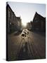 Sunset and Shadow of a Cyclist on Cobbled Street, Old Town, UNESCO World Heritage Site, Bruges-Christian Kober-Stretched Canvas