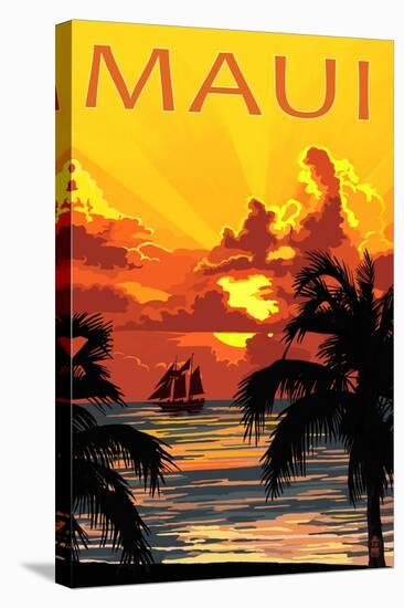 Sunset and Ship - Maui, Hawaii-Lantern Press-Stretched Canvas