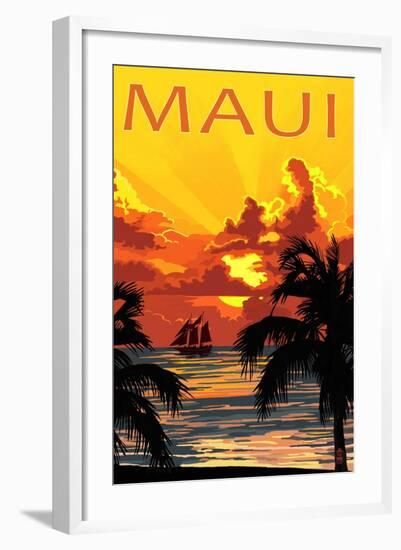 Sunset and Ship - Maui, Hawaii-Lantern Press-Framed Art Print