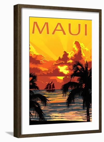 Sunset and Ship - Maui, Hawaii-Lantern Press-Framed Art Print