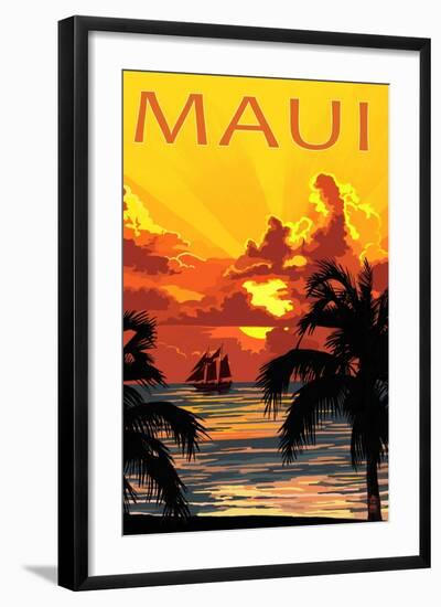 Sunset and Ship - Maui, Hawaii-Lantern Press-Framed Art Print