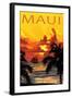 Sunset and Ship - Maui, Hawaii-Lantern Press-Framed Art Print