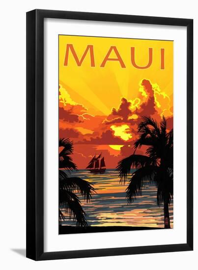 Sunset and Ship - Maui, Hawaii-Lantern Press-Framed Art Print