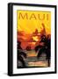 Sunset and Ship - Maui, Hawaii-Lantern Press-Framed Art Print
