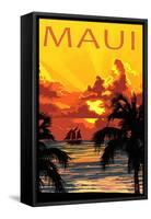 Sunset and Ship - Maui, Hawaii-Lantern Press-Framed Stretched Canvas