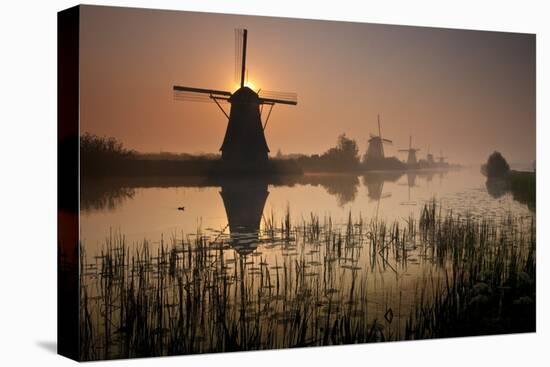 Sunset and Silhouetted Windmills Reflected in the Canals Kinderdijk-Darrell Gulin-Stretched Canvas