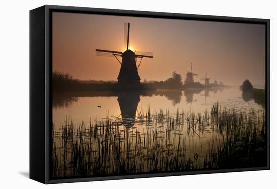 Sunset and Silhouetted Windmills Reflected in the Canals Kinderdijk-Darrell Gulin-Framed Stretched Canvas